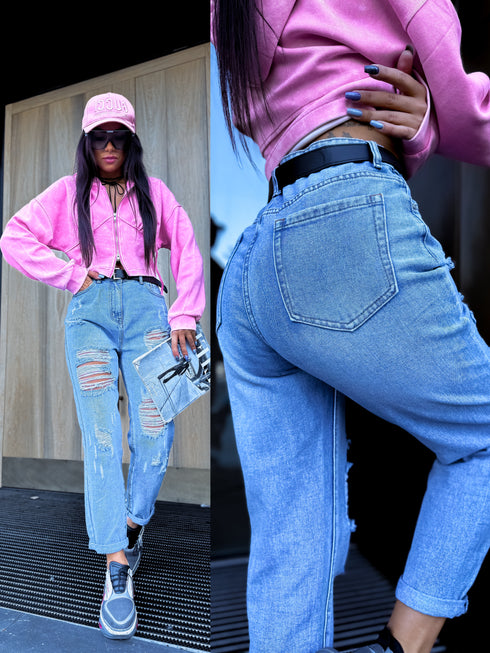 MOM, DENIM kelnės su ašaromis W1036 - Mėlynos